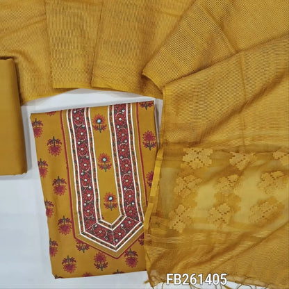 Mehandi Yellow digital printed pure premium cotton unstitched salwar material, sequins and gota work on yoke, matching cotton bottom, fancy organza dupatta with brasso weaving. FB261405