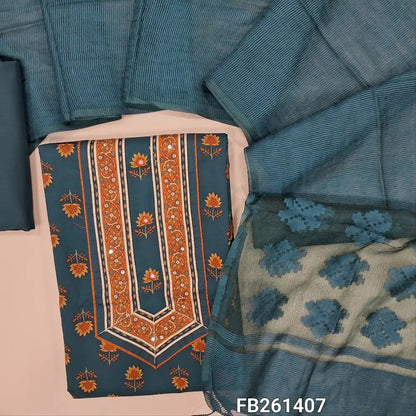 Dark Teal blue digital printed pure premium cotton unstitched salwar material, sequins and gota work on yoke, matching cotton bottom, fancy organza dupatta with brasso weaving. FB261407