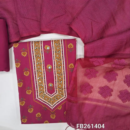 Dark Pink digital printed pure premium cotton unstitched salwar material, sequins and gota work on yoke, matching cotton bottom, fancy organza dupatta with brasso weaving. FB261404