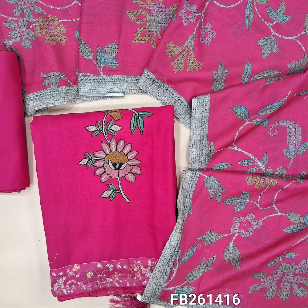 Bright pink mixed cotton unstitched salwar material, embroidered on front(lining needed)matching mixed cotton bottom, digital printed soft mixed cotton dupatta. FB261416
