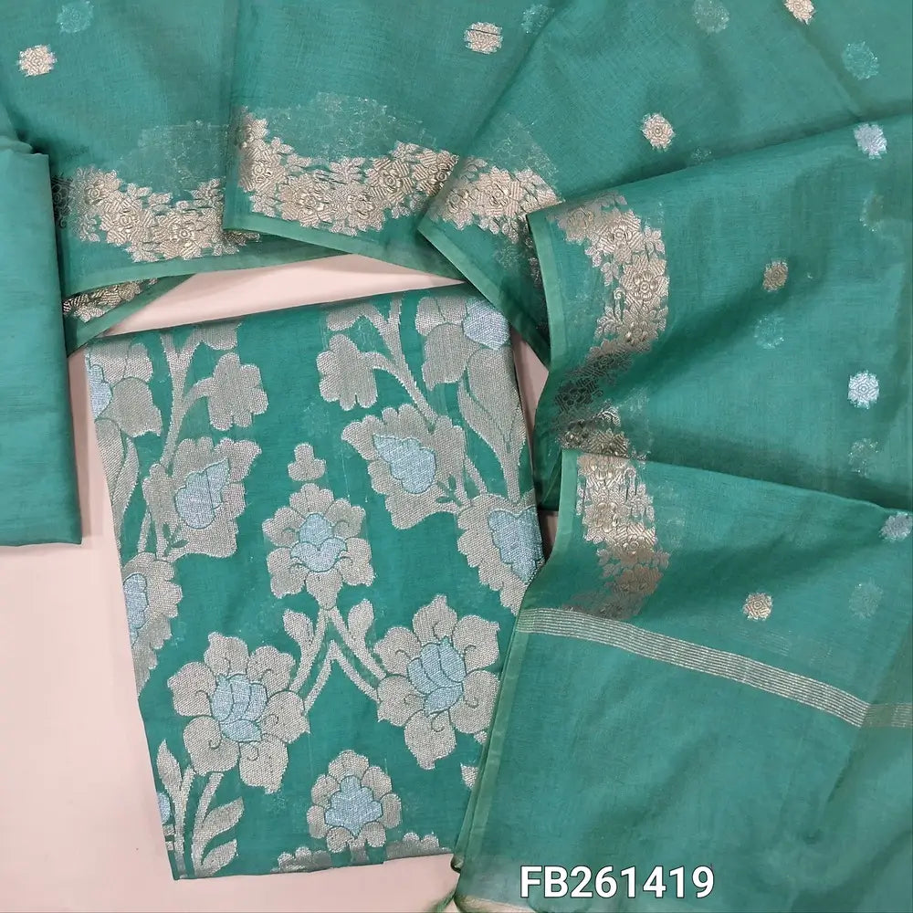 Light Teal Blue Premium Benarasi woven soft silk cotton unstitched salwar material (lining needed) heavy daman weaving, matching silky bottom,  zari buttas on soft silk cotton dupatta with benarasi woven borders. FB261419