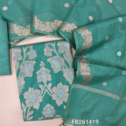Light Teal Blue Premium Benarasi woven soft silk cotton unstitched salwar material (lining needed) heavy daman weaving, matching silky bottom,  zari buttas on soft silk cotton dupatta with benarasi woven borders. FB261419