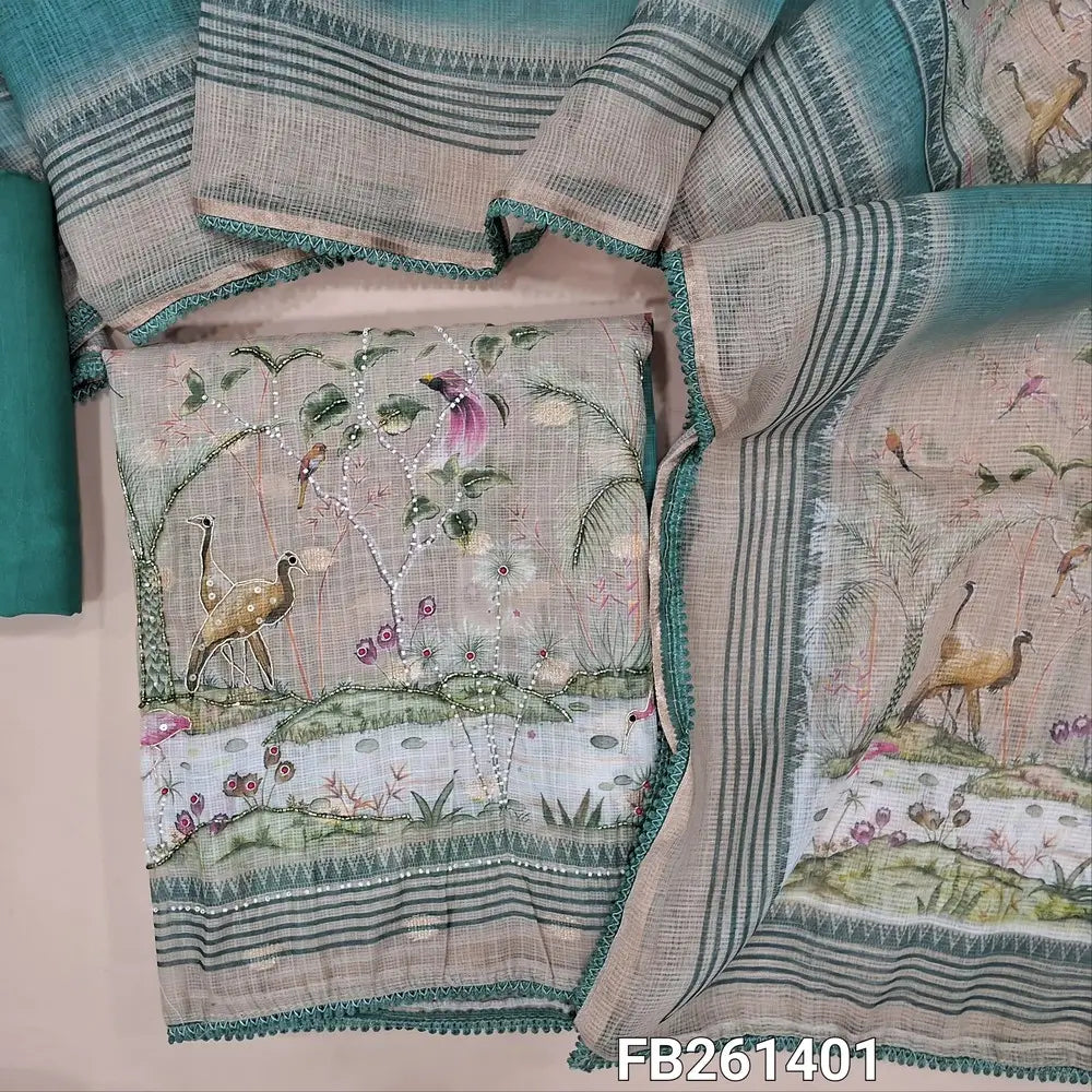 Pastel Blue Digital printed premium kota silk unstitched salwar material, yoke&daman with cut bead, zardosi&bead detailing, zari woven buttas all over (Thin, Lining Needed) spun cotton bottom,kota silk cotton dupatta with lace tapings. FB261401