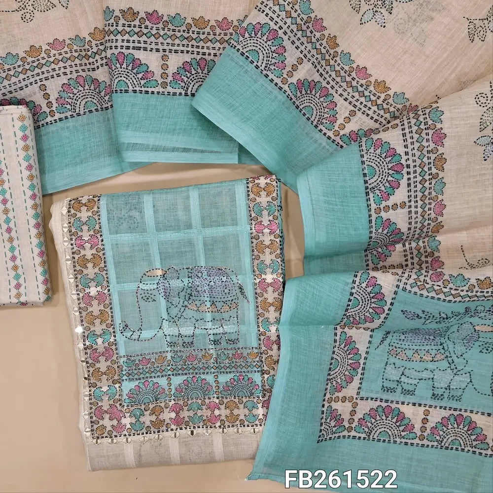 Half white base semi linen unstitched salwar material (lining needed)contrast printed yoke with zari and real mirror work, self checked design all over, printed daman, printed cotton bottom, printed semi linen dupatta. FB261522