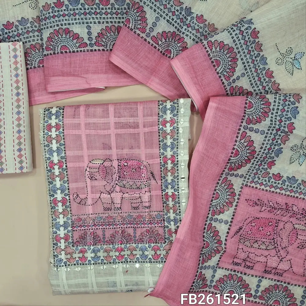 Half white base semi linen unstitched salwar material (lining needed)contrast printed yoke with zari and real mirror work, self checked design all over, printed daman, printed cotton bottom, printed semi linen dupatta. FB261521
