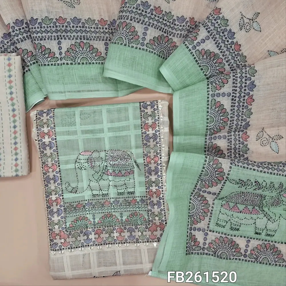 Half white base semi linen unstitched salwar material (lining needed) contrast printed yoke with zari and real mirror work, self checked design all over, printed daman, printed cotton bottom, printed semi linen dupatta. FB261520