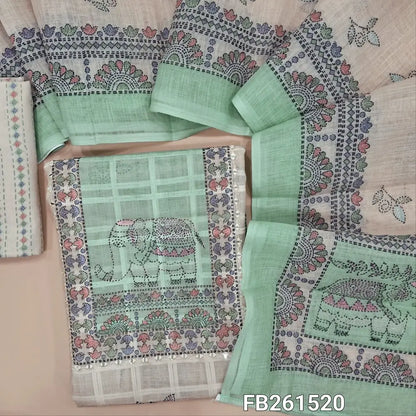 Half white base semi linen unstitched salwar material (lining needed) contrast printed yoke with zari and real mirror work, self checked design all over, printed daman, printed cotton bottom, printed semi linen dupatta. FB261520