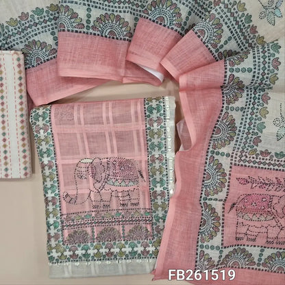Half white base semi linen unstitched salwar material (lining needed) contrast printed yoke with zari and real mirror work, self checked design all over, printed daman, printed cotton bottom, printed semi linen dupatta. FB261519