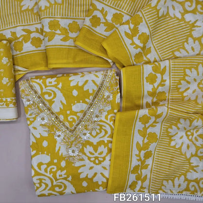 Mehandhi Yellow printed soft cotton unstitched salwar material (lining needed) v neck with zarodzi,faux mirror and cut bead work on front, printed cotton bottom, printed mul cotton dupatta with lace tapping. FB261511