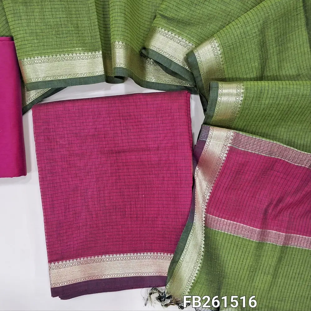 Rani pink maheshwari silk cotton unstitched salwar material (lining needed) double side nizam borders, matching silk cotton bottom, maheshwari silk cotton dupatta with borders .FB261516