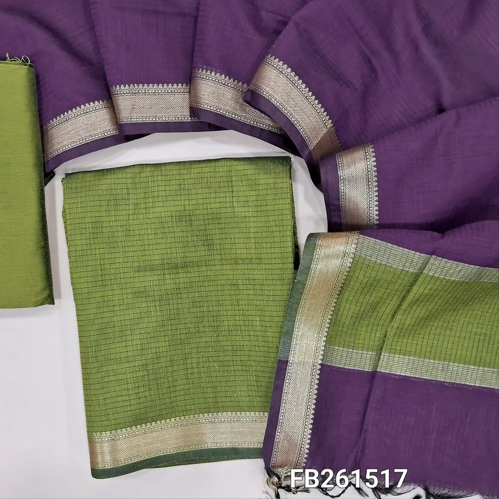 Mossy green maheshwari silk cotton unstitched salwar material (lining needed) double side nizam borders, matching silk cotton bottom, maheshwari silk cotton dupatta with borders .FB261517