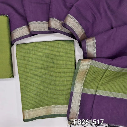Mossy green maheshwari silk cotton unstitched salwar material (lining needed) double side nizam borders, matching silk cotton bottom, maheshwari silk cotton dupatta with borders .FB261517