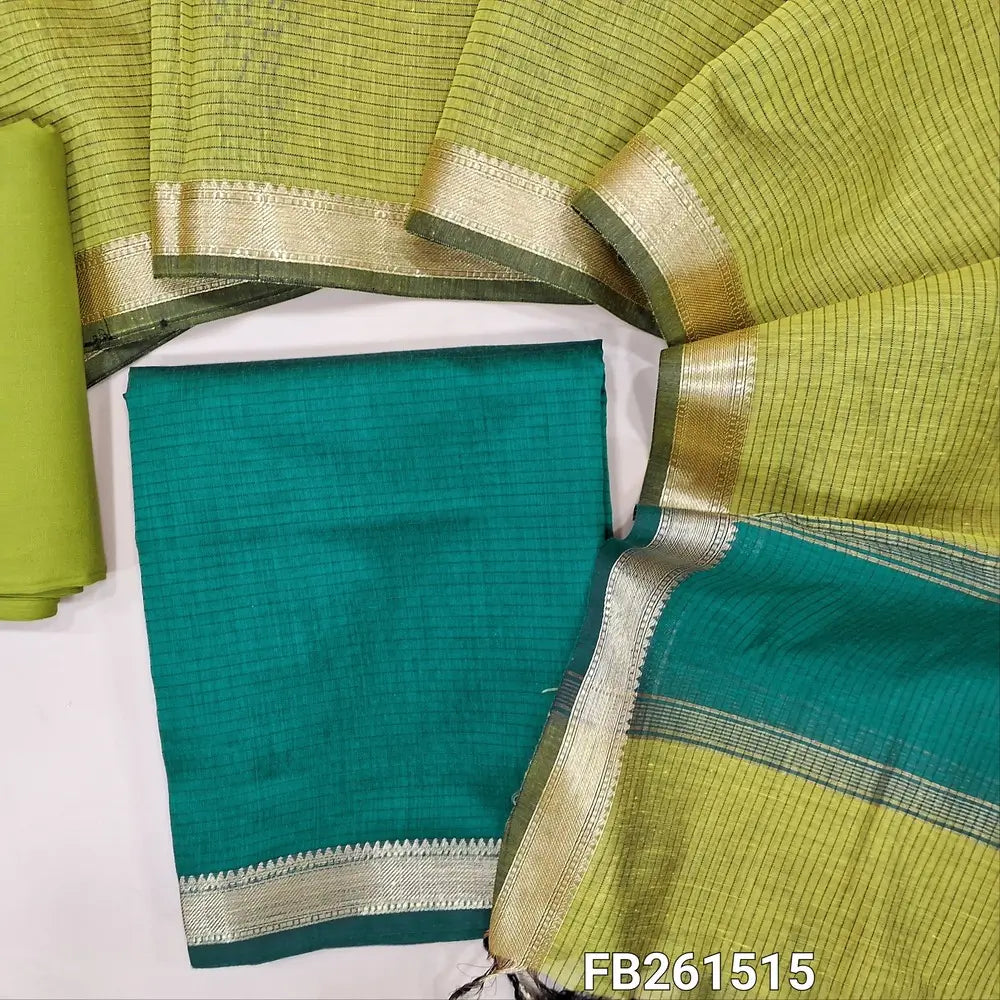 Dark teal blue maheshwari silk cotton unstitched salwar material (lining needed) double side nizam borders, light green silk cotton bottom, maheshwari silk cotton dupatta with borders .FB261515
