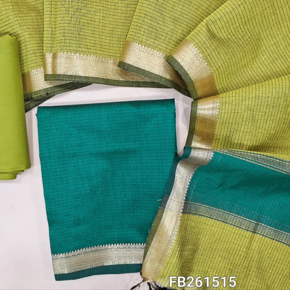 Dark teal blue maheshwari silk cotton unstitched salwar material (lining needed) double side nizam borders, light green silk cotton bottom, maheshwari silk cotton dupatta with borders .FB261515