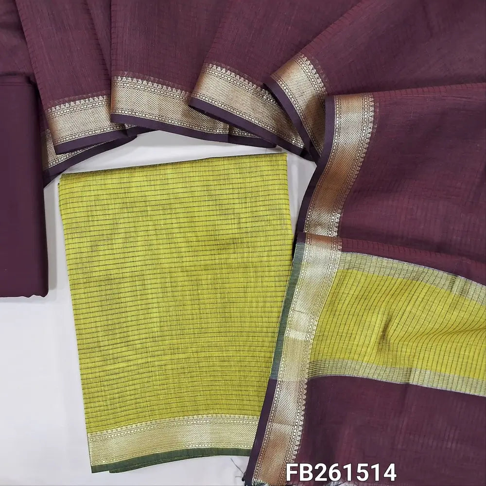 Leafy green maheshwari silk cotton unstitched salwar material (lining needed) double side nizam borders,dark maroon silk cotton bottom, maheshwari silk cotton dupatta with borders .FB261514