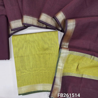 Leafy green maheshwari silk cotton unstitched salwar material (lining needed) double side nizam borders,dark maroon silk cotton bottom, maheshwari silk cotton dupatta with borders .FB261514