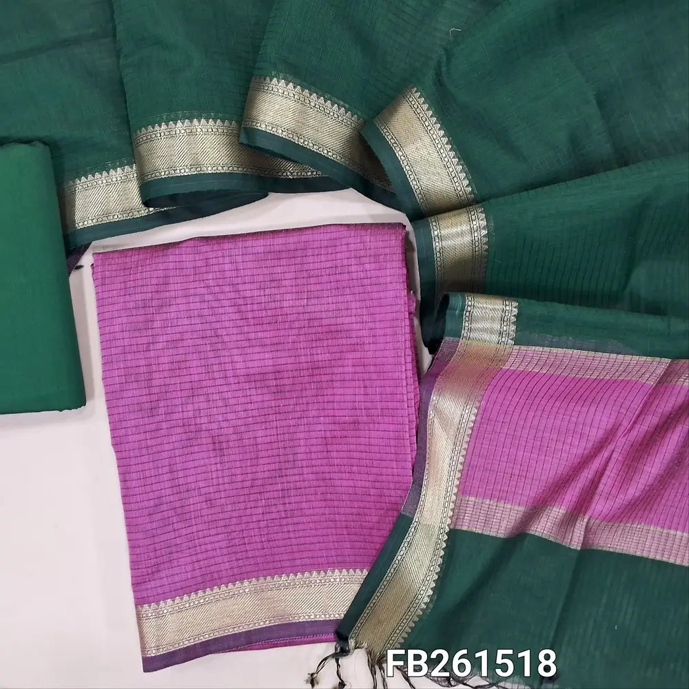 Pinkish mauve maheshwari silk cotton unstitched salwar material (lining needed) double side nizam borders, bottle green silk cotton bottom, maheshwari silk cotton dupatta with borders .FB261518