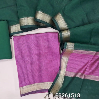 Pinkish mauve maheshwari silk cotton unstitched salwar material (lining needed) double side nizam borders, bottle green silk cotton bottom, maheshwari silk cotton dupatta with borders .FB261518