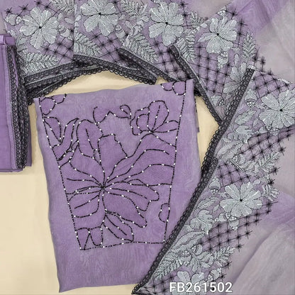 Light purple premium organza silk unstitched salwar material(shiny,lining needed)thread work, cut bead and pearl bead work on yoke, matching santoon bottom with lace work, organza silk full length dupatta with embroidered borders. FB261502