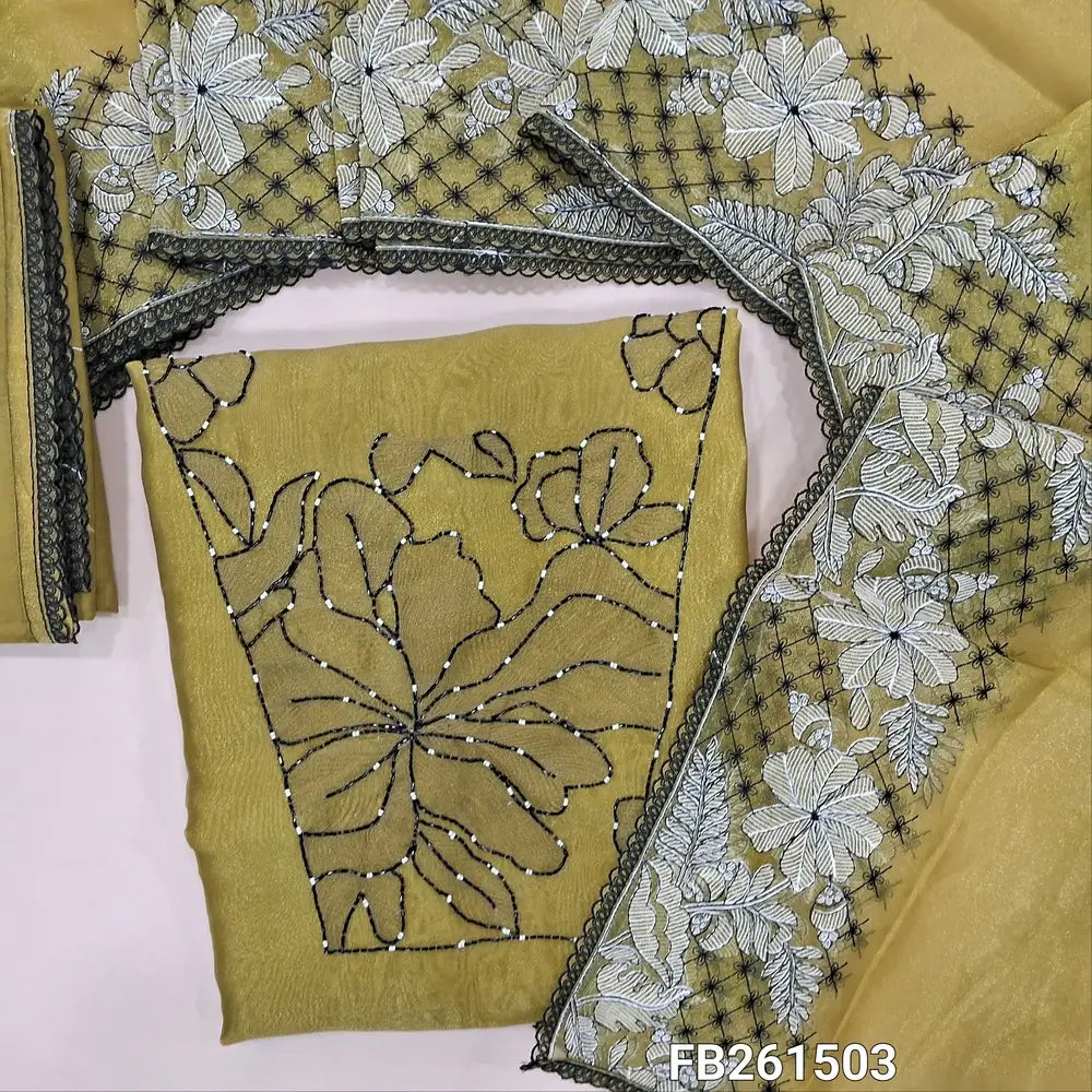 Mehandhi green premium organza silk unstitched salwar material(shiny,lining needed)thread work, cut bead and pearl bead work on yoke, matching santoon bottom with lace work, organza silk full length dupatta with embroidered borders. FB261503