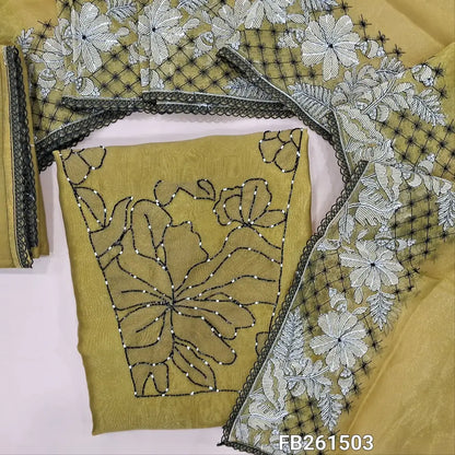 Mehandhi green premium organza silk unstitched salwar material(shiny,lining needed)thread work, cut bead and pearl bead work on yoke, matching santoon bottom with lace work, organza silk full length dupatta with embroidered borders. FB261503