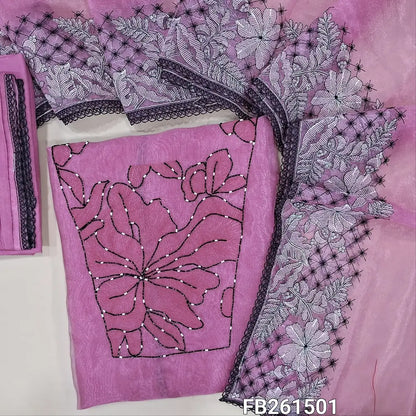 Pastel pink premium organza silk unstitched salwar material(shiny,lining needed)thread work, cut bead and pearl bead work on yoke, matching santoon bottom with lace work, organza silk full length dupatta with embroidered borders. FB261501