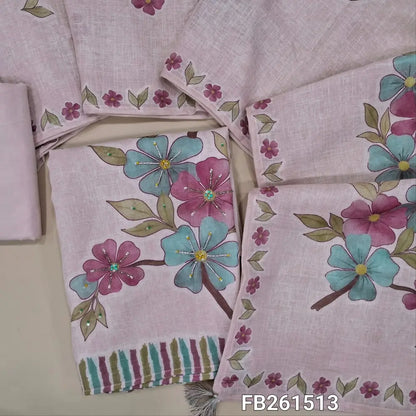 Designer pastel pink pure linen unstitched salwar material, (thin fabric, lining needed)floral design highlighted with cutbead, pearl and zarodzi on front, matching drum dyed fabric provided for lining,NO BOTTOM, floral printed pure linen dupatta.FB261513