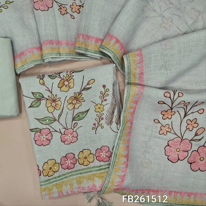 Designer pale grey pure linen unstitched salwar material, (thin fabric, lining needed)floral design highlighted with cutbead, pearl and zarodzi on front, matching drum dyed fabric provided for lining,NO BOTTOM, floral printed pure linen dupatta.FB261512