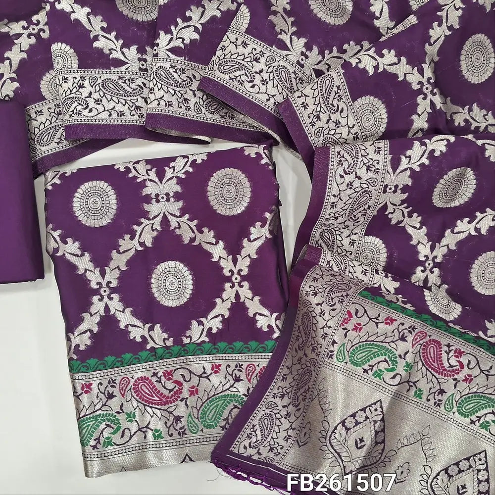 Deep wine purple benarasi zari woven silk cotton unstitched salwar material (Silky, Lining Needed) Rich paithani weaving on daman, zari weaving on sleeves, Matching silk cotton bottom, benarasi zari woven dupatta. FB261507