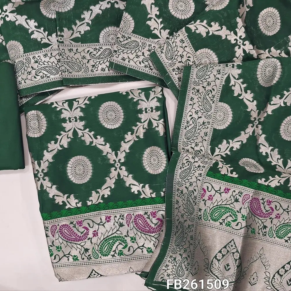 Bottle green benarasi zari woven silk cotton unstitched salwar material (Silky, Lining Needed) Rich paithani weaving on daman, zari weaving on sleeves, Matching silk cotton bottom, benarasi zari woven dupatta. FB261509
