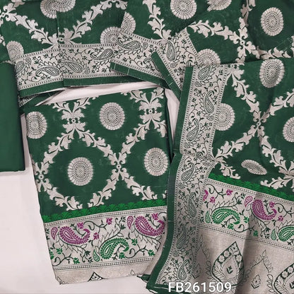 Bottle green benarasi zari woven silk cotton unstitched salwar material (Silky, Lining Needed) Rich paithani weaving on daman, zari weaving on sleeves, Matching silk cotton bottom, benarasi zari woven dupatta. FB261509