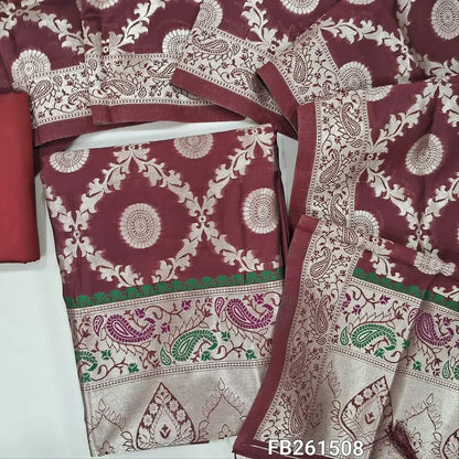 Dark maroon benarasi zari woven silk cotton unstitched salwar material (Silky, Lining Needed) Rich paithani weaving on daman, zari weaving on sleeves, Matching silk cotton bottom, benarasi zari woven dupatta. FB261508