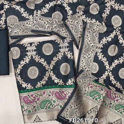 Black benarasi zari woven silk cotton unstitched salwar material (Silky, Lining Needed) Rich paithani weaving on daman, zari weaving on sleeves, Matching silk cotton bottom, benarasi zari woven dupatta. FB261510