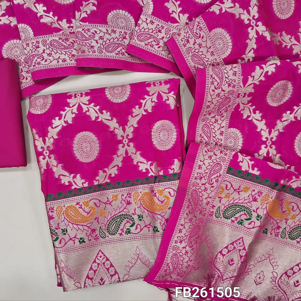 Bright pink benarasi zari woven silk cotton unstitched salwar material (Silky, Lining Needed) Rich paithani weaving on daman, zari weaving on sleeves, Matching silk cotton bottom, benarasi zari woven dupatta. FB261505
