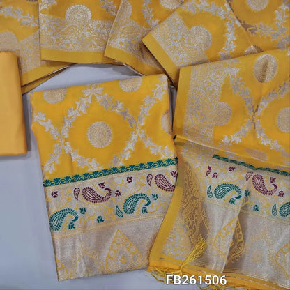 Yellow benarasi zari woven silk cotton unstitched salwar material (Silky, Lining Needed) Rich paithani weaving on daman, zari weaving on sleeves, Matching silk cotton bottom, benarasi zari woven dupatta. FB261506