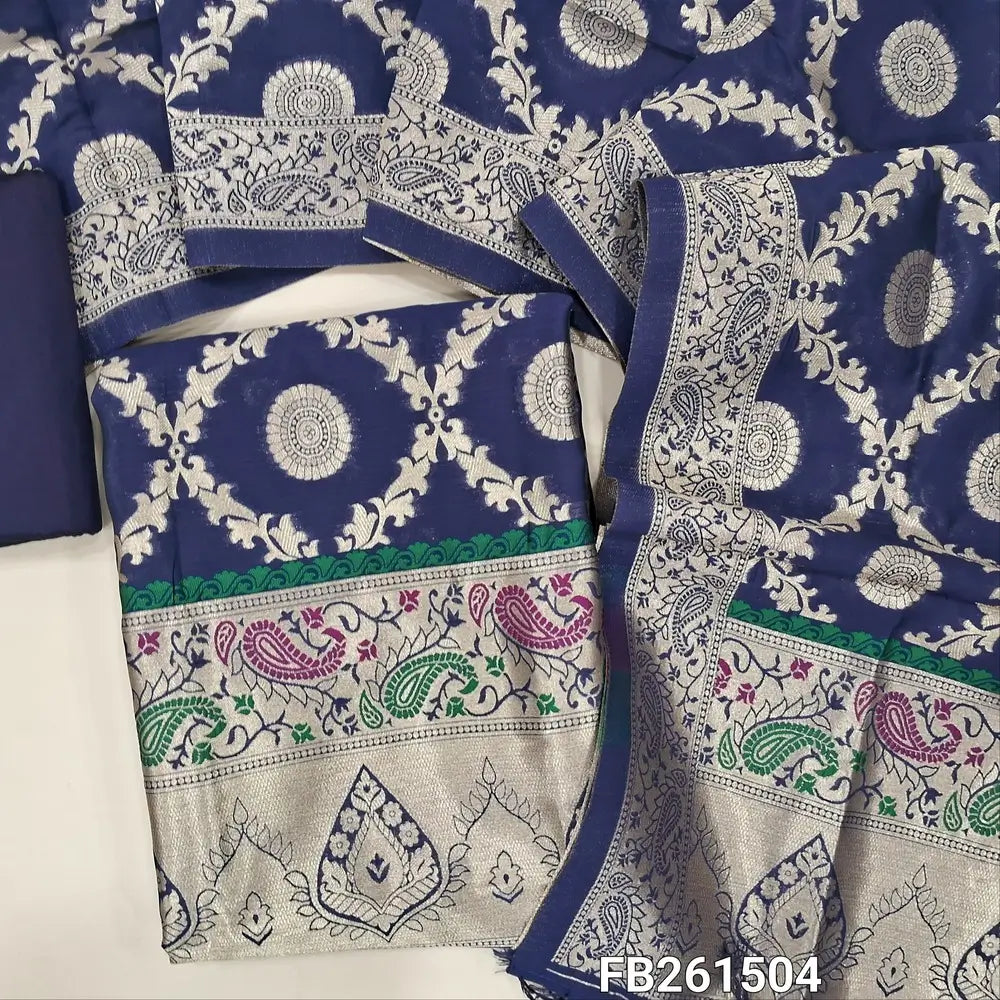 Royal blue benarasi zari woven silk cotton unstitched salwar material (Silky, Lining Needed) Rich paithani weaving on daman, zari weaving on sleeves, Matching silk cotton bottom, benarasi zari woven dupatta. FB261504