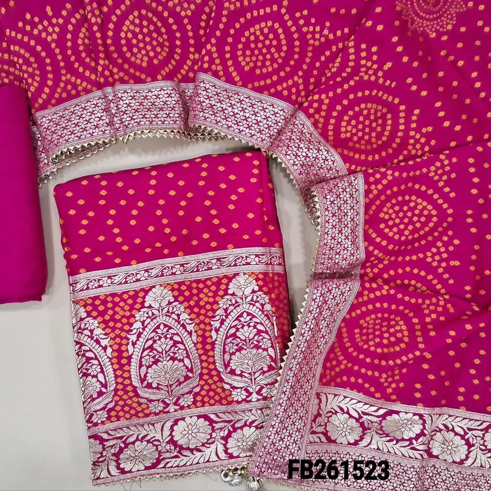 Bright pink designer pure dola silk unstitched salwar material, heavy work on yoke, thread weaving all over, rich daman(lining needed)matching santoon bottom, bandhini woven design full length dupatta with zari borders. FB261523