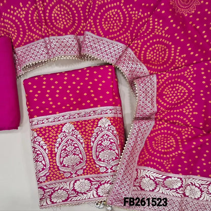 Bright pink designer pure dola silk unstitched salwar material, heavy work on yoke, thread weaving all over, rich daman(lining needed)matching santoon bottom, bandhini woven design full length dupatta with zari borders. FB261523