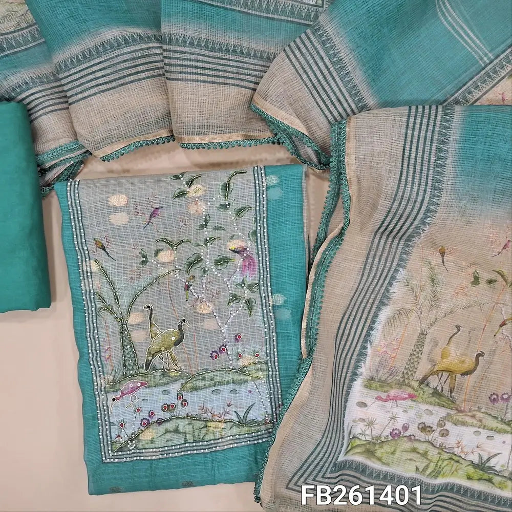 Pastel Blue Digital printed premium kota silk unstitched salwar material, yoke&daman with cut bead, zardosi&bead detailing, zari woven buttas all over (Thin, Lining Needed) spun cotton bottom,kota silk cotton dupatta with lace tapings. FB261401