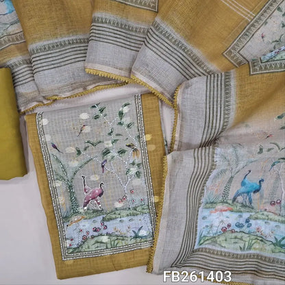 Mehandhi Yellow Digital printed premium kota silk unstitched salwar material, yoke&daman with cut bead, zardosi&bead detailing, zari woven buttas all over (Thin, Lining Needed) spun cotton bottom,kota silk cotton dupatta with lace tapings. FB261403