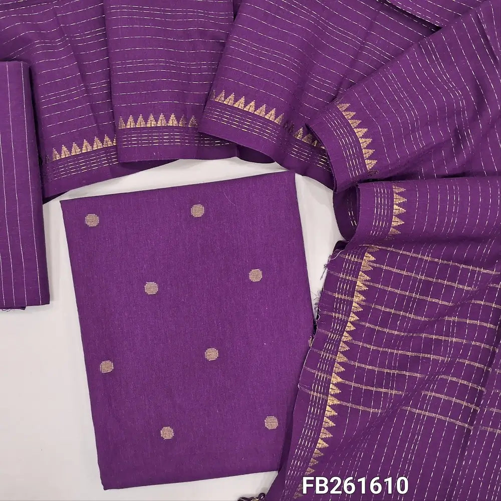 Dark purple south handloom cotton unstitched salwar material (lining needed)gold zari buttas all over,vertical zari line handloom cotton bottom, zari lines on handloom cotton dupatta with zari woven borders. FB261610