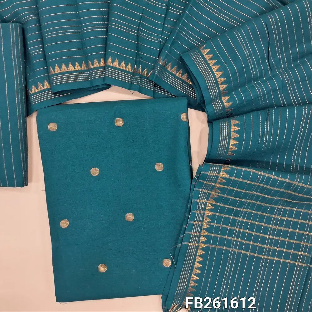 Dark teal blue south handloom cotton unstitched salwar material (lining needed)gold zari buttas all over,vertical zari line handloom cotton bottom, zari lines on handloom cotton dupatta with zari woven borders. FB261612