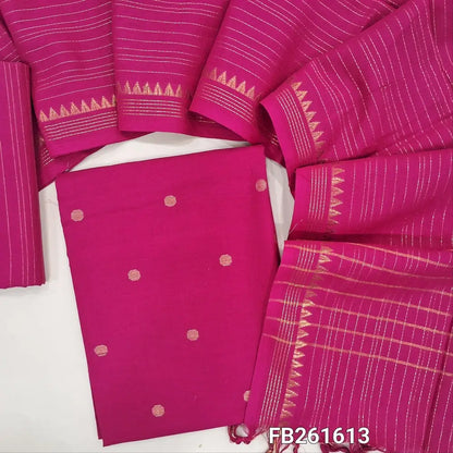 Bright pink south handloom cotton unstitched salwar material (lining needed)gold zari buttas all over,vertical zari line handloom cotton bottom, zari lines on handloom cotton dupatta with zari woven borders. FB261613