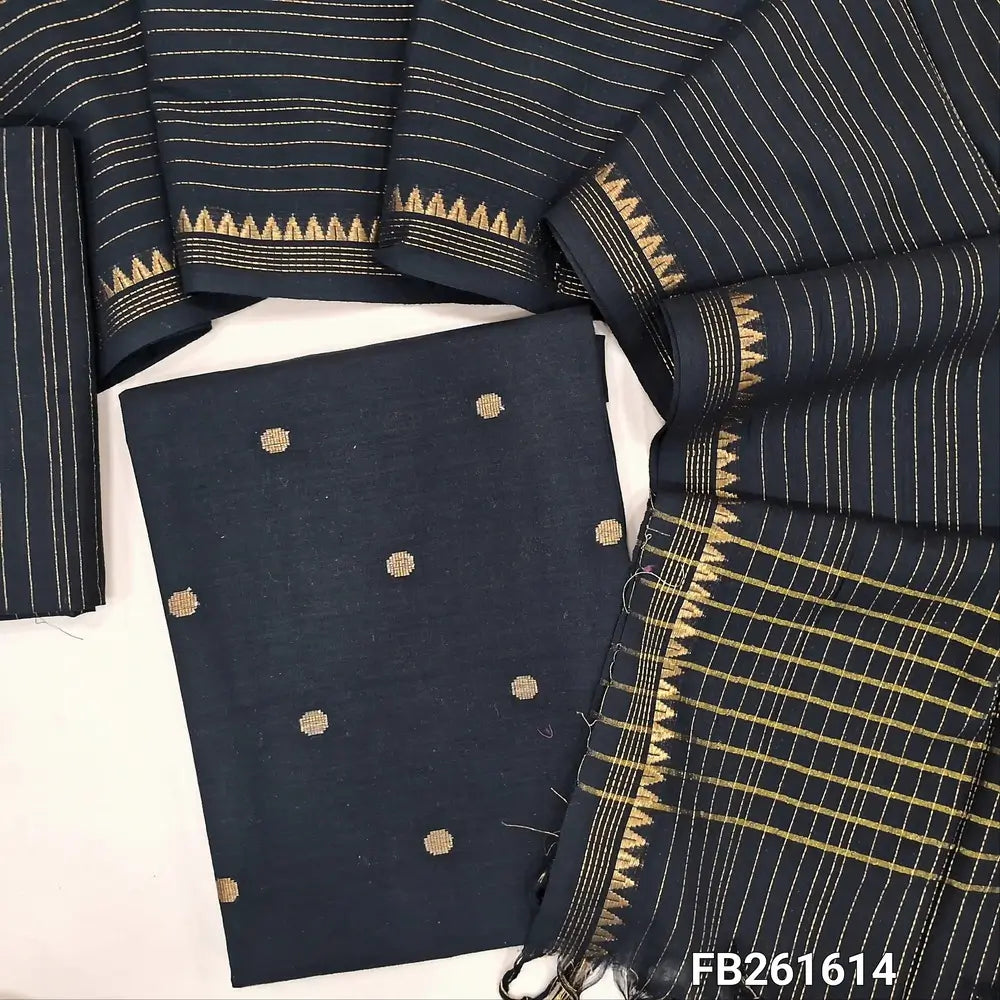 Black south handloom cotton unstitched salwar material (lining needed)gold zari buttas all over,vertical zari line handloom cotton bottom, zari lines on handloom cotton dupatta with zari woven borders. FB261614