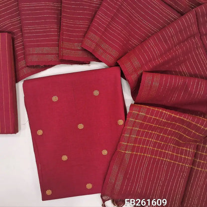 Bright reddish maroon south handloom cotton unstitched salwar material (lining needed)gold zari buttas all over,vertical zari line handloom cotton bottom, zari lines on handloom cotton dupatta with zari woven borders. FB261609