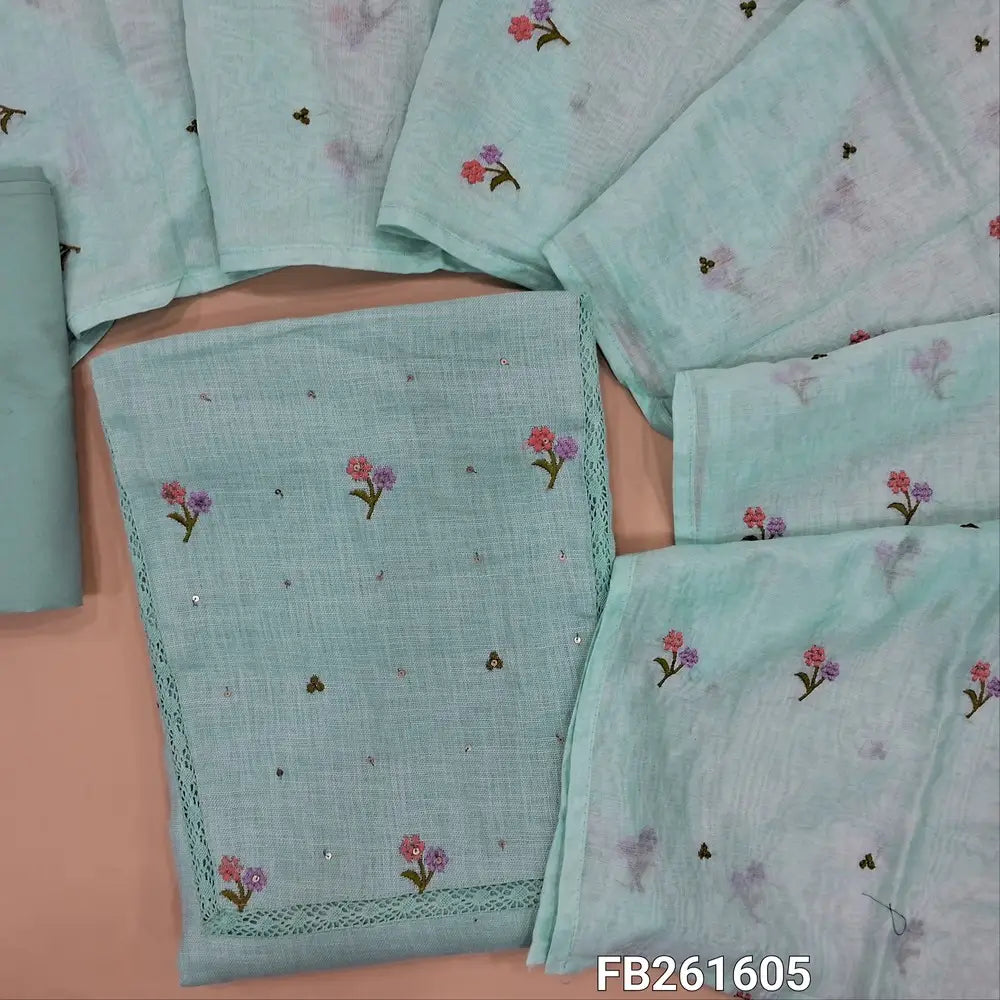 Pastel blue semi linen unstitched salwar material (lining needed) embroidery, sequins work on front, matching spun cotton bottom, embroidery work on soft fancy silk cotton dupatta. FB261605