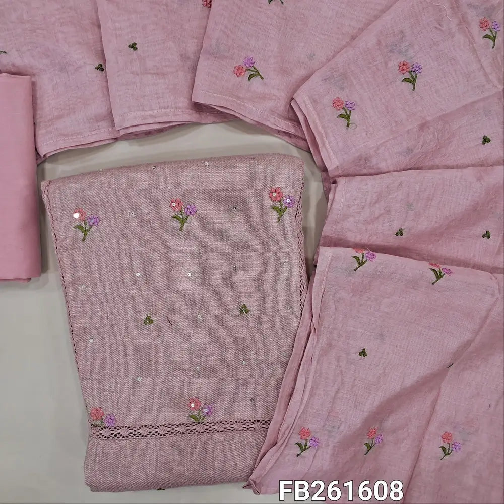 Light peachish pink semi linen unstitched salwar material (lining needed) embroidery, sequins work on front, matching spun cotton bottom, embroidery work on soft fancy silk cotton dupatta. FB261608