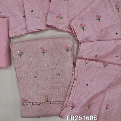 Light peachish pink semi linen unstitched salwar material (lining needed) embroidery, sequins work on front, matching spun cotton bottom, embroidery work on soft fancy silk cotton dupatta. FB261608
