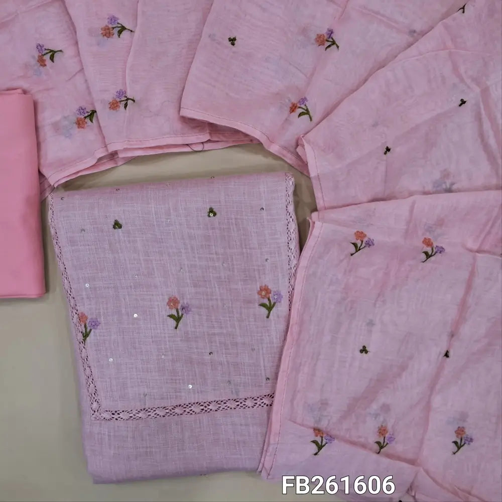 Pastel pink semi linen unstitched salwar material (lining needed) embroidery, sequins work on front, matching spun cotton bottom, embroidery work on soft fancy silk cotton dupatta. FB261606