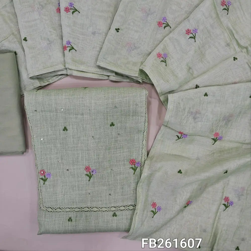 Pastel green semi linen unstitched salwar material (lining needed) embroidery, sequins work on front, matching spun cotton bottom, embroidery work on soft fancy silk cotton dupatta. FB261607